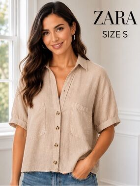 Zara Linen Blend Boxy Button Front Shirt Beige Tan Size Small